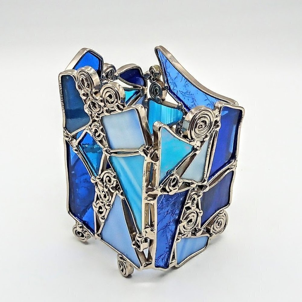 Blue Stained Glass Silver Swirl Candle Holder